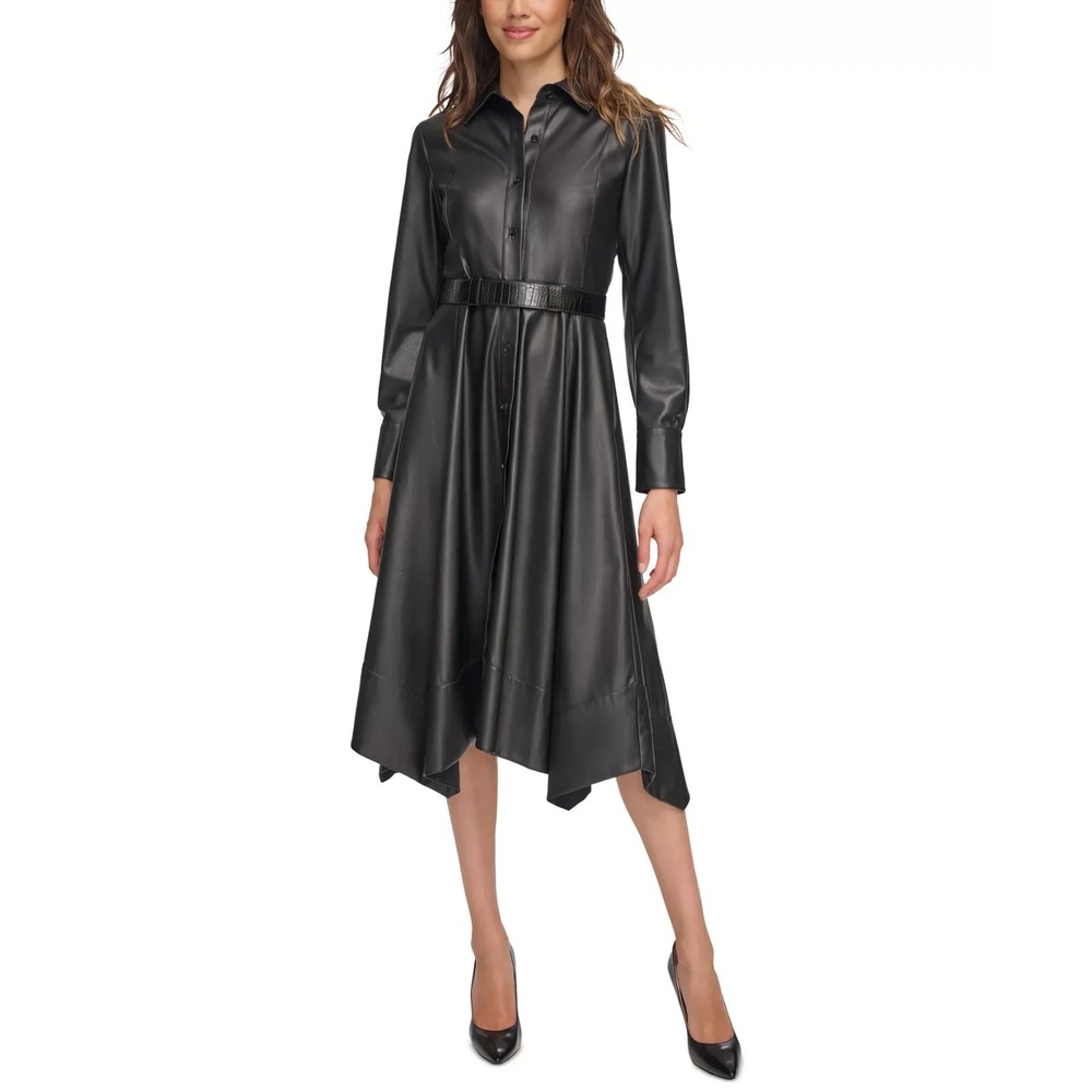 Donna Karan Women's‎ Faux Leather Handkerchief Hem Shirtdress Size 2 $425